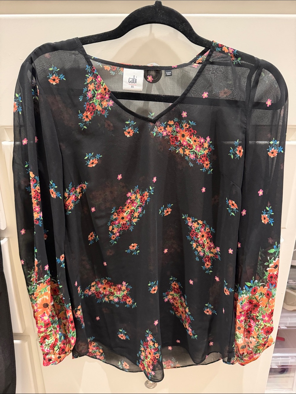 CAbi Black Floral Sheer V-Neck Blouse